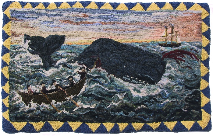 Tamar Stone Hand Hooked Rug primitive style, historical whale hunting image